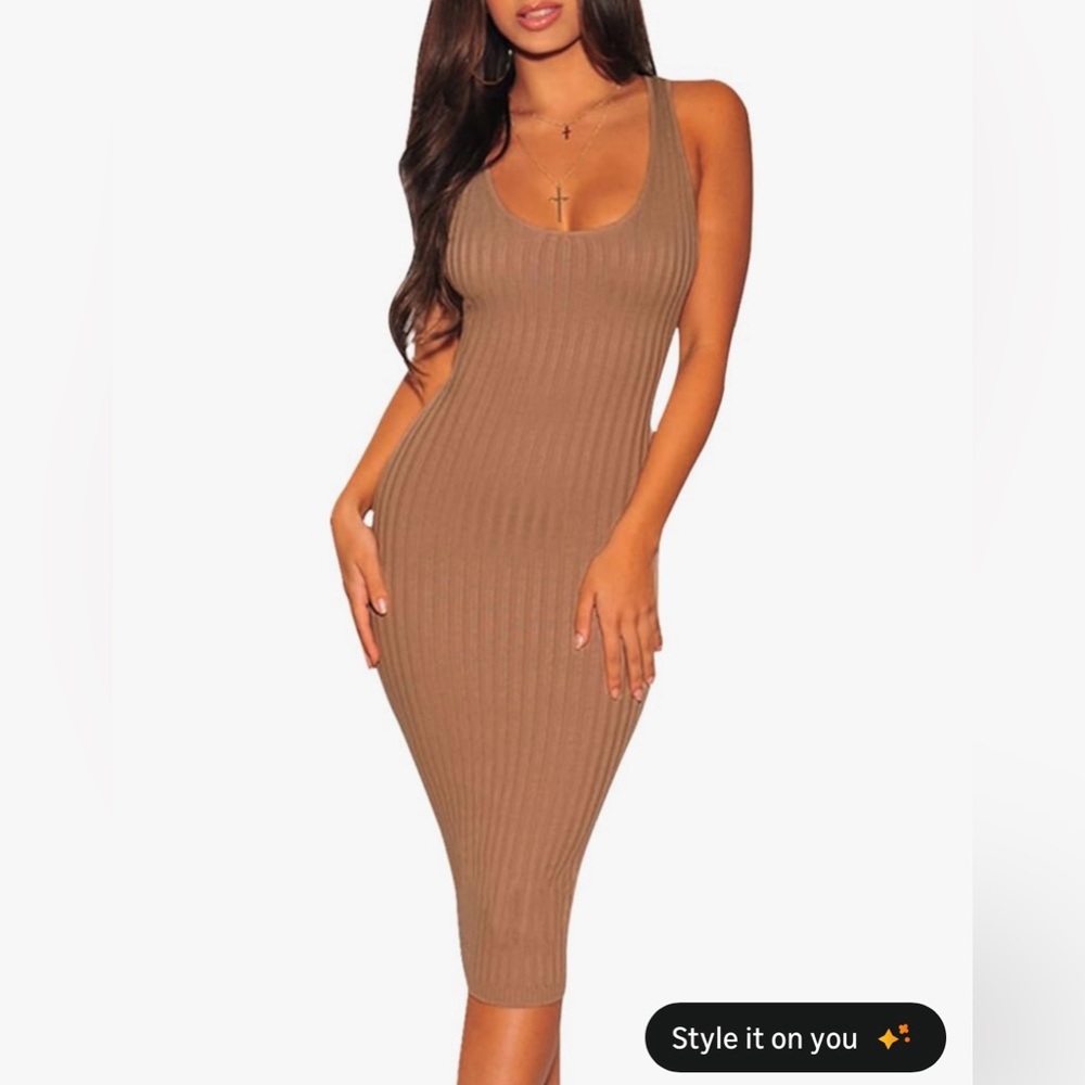 Sleeveless Ribbed Knit Dress - Brown
